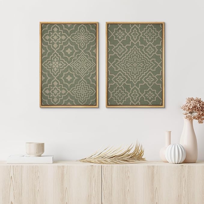 IDEA4WALL Framed Canvas Print Wall Art Set Moroccan Tile Pattern Green and Beige Geometric Illustrations Modern Art Decorative Bohemian Calm/Zen for Living Room, Bedroom, Office - 24"x36"x2 Natural