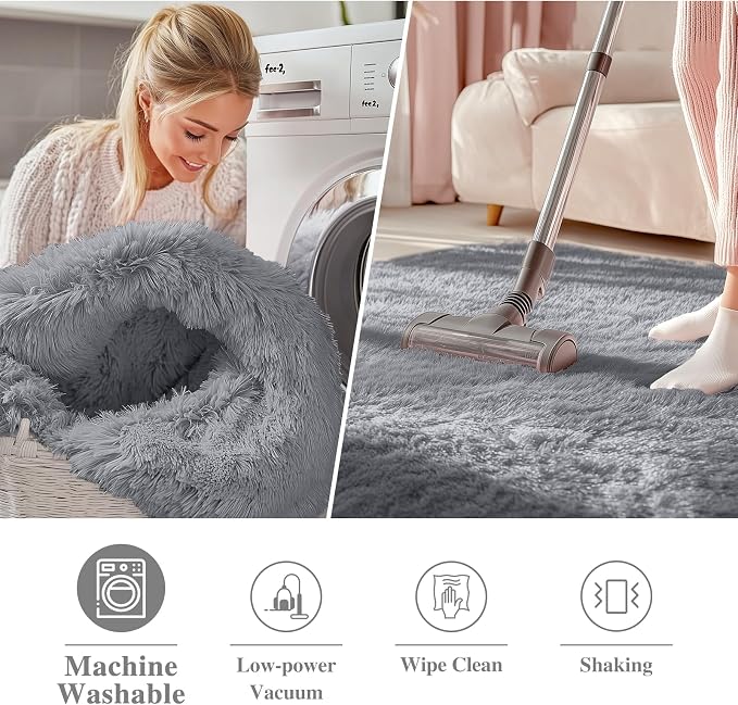 OLANLY Light Grey Round Rugs for Bedroom - Machine Washable, 9 ft Circle Area Rugs for Living Room, Soft and Fluffy Shaggy Carpet for Teen Girls and Boys, Nursery Rooms, Dorms, Home Decor Aesthetic