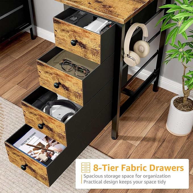 DLisiting Home Office Desk with Drawers for Storage - 55 inch Computer Desk with 8 Fabric Drawer, Writing Study Work Desks with Drawers on Both Sides for Bedroom