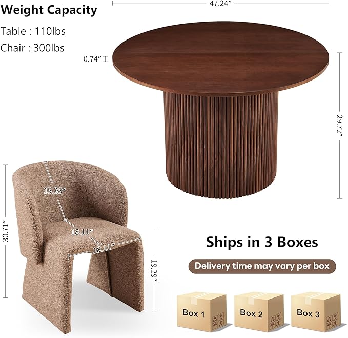 NORDICANA 3-Piece Round Dining Table Set for 2, Rustic 47-Inch Kitchen Table and Chair Set, Dining Set with Brown Upholstered Armchairs, Manufactured Wood Top with Walnut Veneer