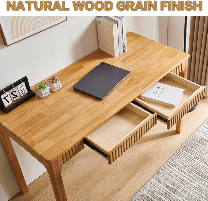 Solid Wood Desk with Drawers, Light Wood Desk for Small Spaces, Small Writing Desk for Bedroom, Gaming Study Home Office Wooden Desks for Work, 47 inch Wood Computer Desk