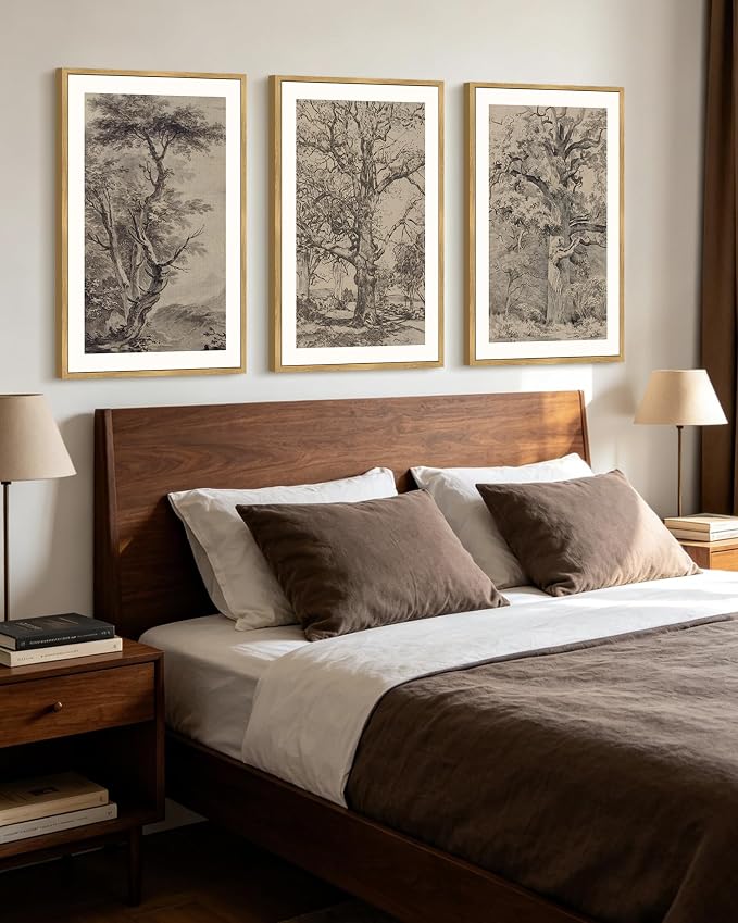 KUVIOKE Vintage Tree Framed Wall Art Retro Antique Forest Drawings Nature Wilderness Sketch Wall Painting Modern Decor 24x36in (Natural Framed)