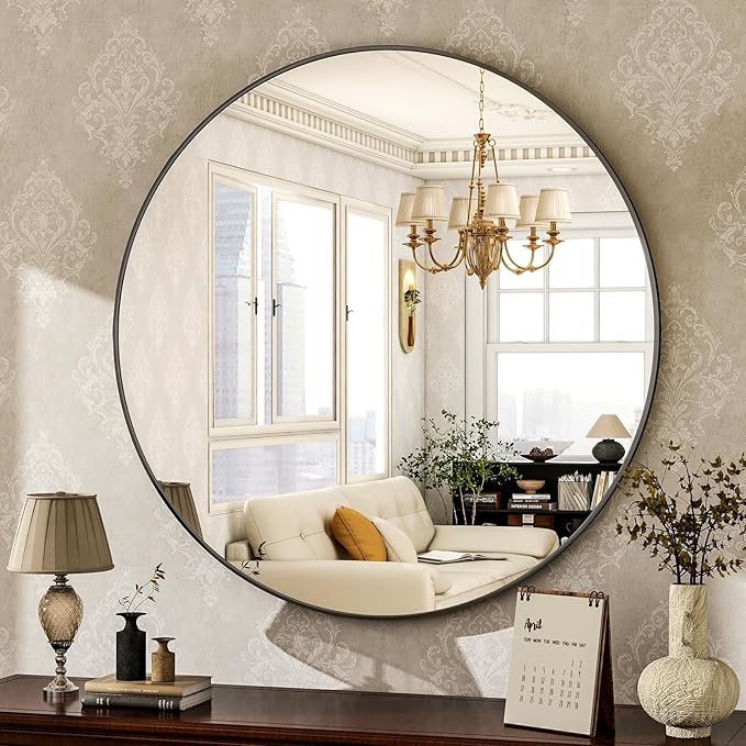HARRITPURE Round Mirror 24 Black Wall Mounted Circle Mirrors Vanity Mirror with Brushed Aluminum Alloy Frame Modern Decoration for Bathroom, Living Room, Vanity, Bedroom, Entryway
