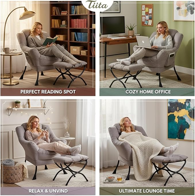 Tiita Modern Lazy Chair with Ottoman, Large Accent Armchair, Leisure Sofa Armchair with Footrest for Bedroom, Living Room, and Dorm Rooms