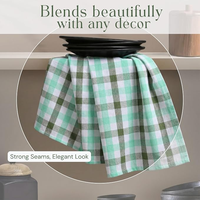 Checked Kitchen Towels 4 Pack, 18"x26", 100% Cotton, Absorbent Dish Towels for Kitchen Drying, Reusable Dishcloths for Cleaning, Quick Dry Wash Rags - Mint Green, Aqua Green, White