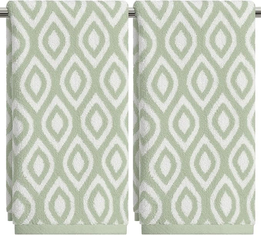 Artoid Mode 2 Pcs Beige Green Diamond Grid Jacquard Hand Towels for Bathroom, 100% Cotton Soft Absorbent Bathroom Decor Towels, 13.7 x 29.5 Inch