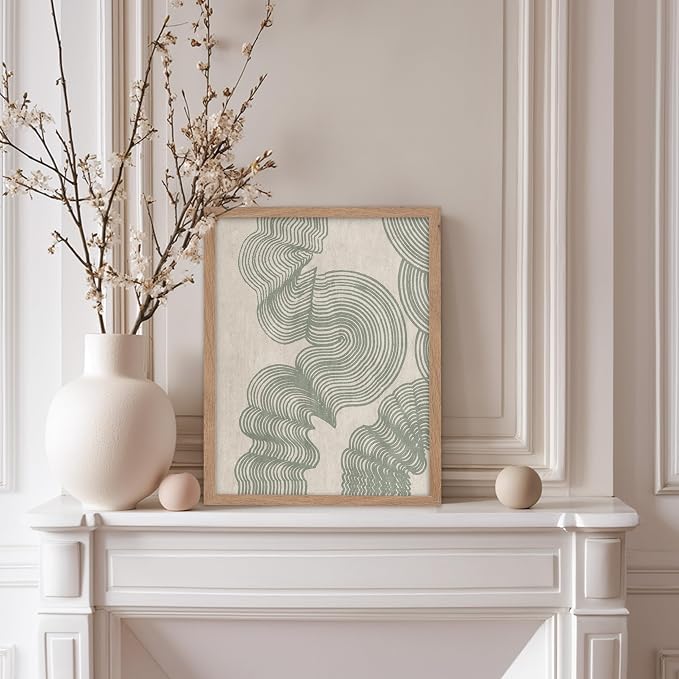 Poster Master Line Drawing Poster - Curved Lines Print - Geometric Art - Sketch Art - Abstract Art - Mid Century Modern Art - Minimal Art - Great Bedroom or Living Room Decor - 8x10 Beige Framed