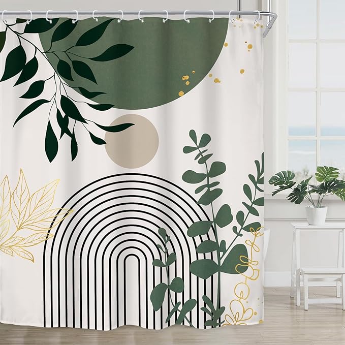 Riyidecor Sage Green Mid Century Modern Shower Curtain for Bathroom Decor 72Wx72H Boho Abstract Gold Leaves Minimalist Geometric Arch Sun Art Printed Fabric Polyester Waterproof 12 Pack Plastic Hooks