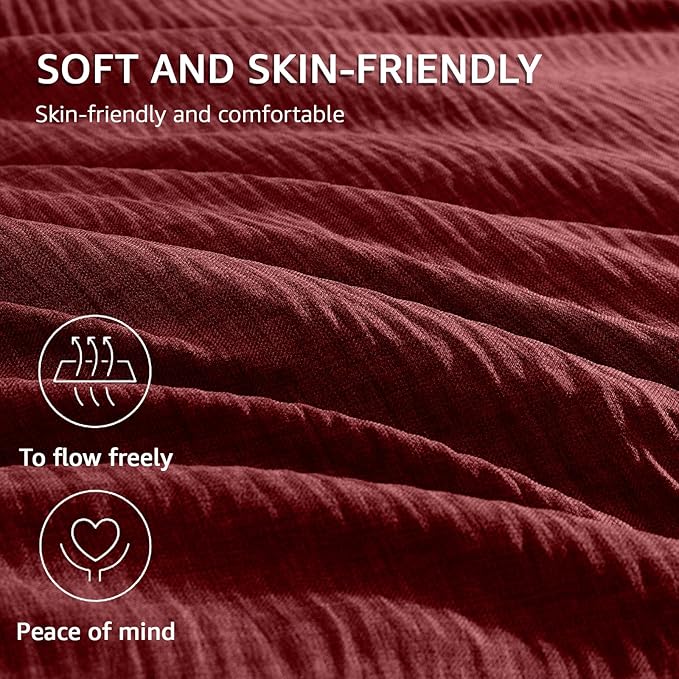 Geniospin Queen Comforter Set - 7 Pieces Comforter Queen Size, Solid Bedding Set for All Season, Dark Red Textured Bed in a Bag with Sheets