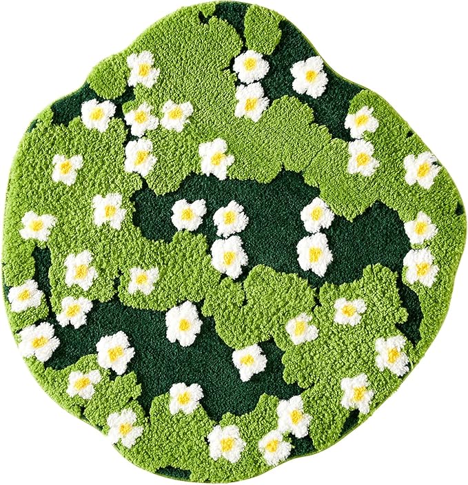 Cute Green Floral Large Bathroom Rugs Bath Mat 3ft Non Slip Washable, Modern Chic Boho Aesthetic Trendy Funky Microfiber Shaggy Tufted Grass Rugs for Bedroom Dorm Nursery Bathroom Kitchen
