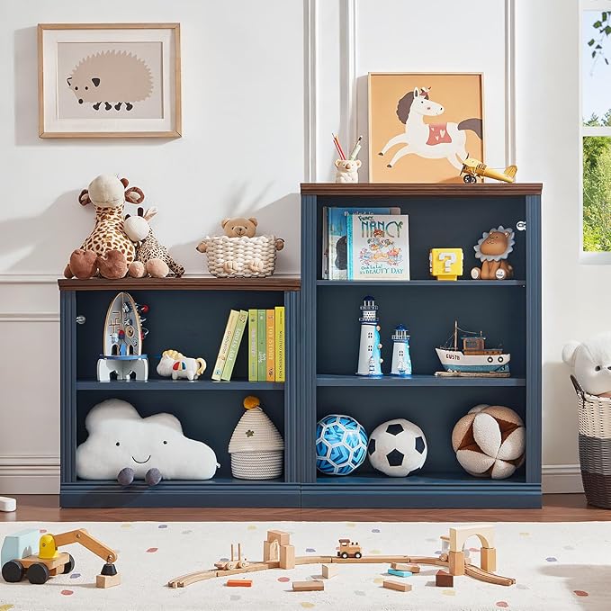 RWYHG 30" Blue Bookshelf,2-Tier Thick Wooden Book Shelf with Adjustable Shelves,Free Standing Farmhouse Bookcase with Open Display Storage,Floor Vintage Bookshelves for Living Room,Office