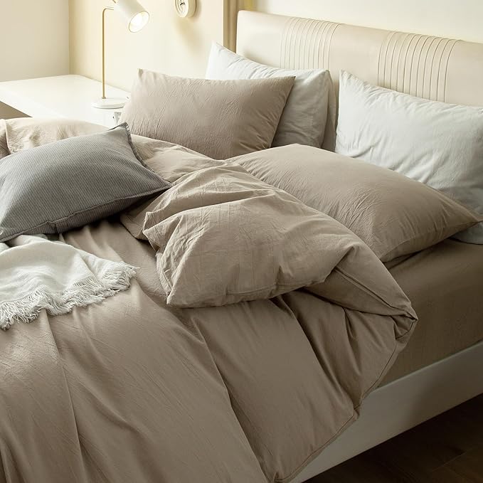 JIYUAN 100% Washed Cotton Duvet Cover Set 3 Pieces Cal King, 1 Duvet Cover 104x98 Inches(Comforter Not Included) and 2 Pillowcases,Linen Feel Bedding Set Comfy and Breathable,Khaki