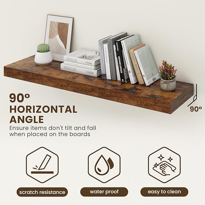 48 Inch Floating Shelves | 12 Inch Deep Floating Shelves Set of 1 | 48" W x 12" D Rustic Brown Wood Wall Shelves for Bathroom Living Room Kitchen Laundry Room