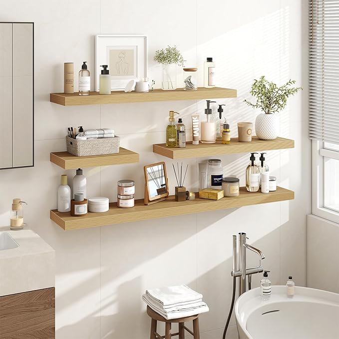 24 Inch Floating Shelves, 3D Textured Wood Grain, 24"x9.25"x1.5" Inch Deep Floating Shelves for Wall, Wooden Shelves for Bathroom, Bedroom, Living Room, Natural, 2 Pieces