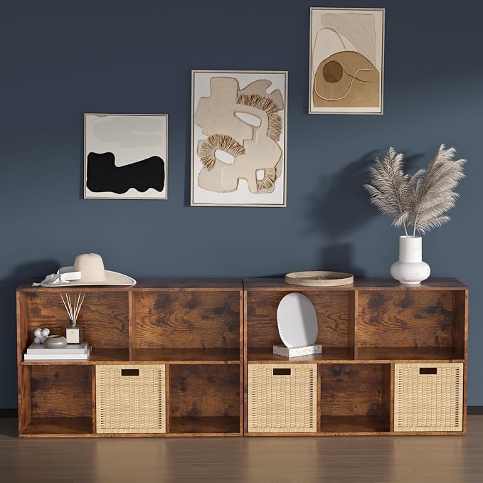 Wooden 5 Cube Storage Organizer with Closed Back Panel,White Cube Shelf Cubby Storage Organizers with Compartments for Living,Bookshelf,Organizers Easy to Install (Retro Brown, 5 Cube)