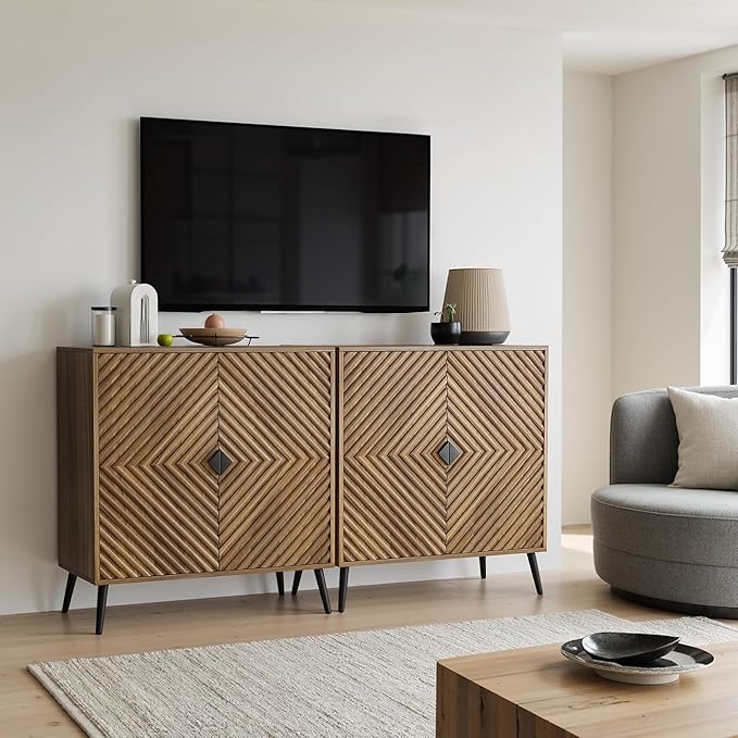 Smuxee Walnut Sideboard Cabinet with Fluted Diamond Doors, Freestanding Buffet Cabinet with Adjustable Shelf, Wood Storage Cabinet for Living Room, Entryway, Hallway
