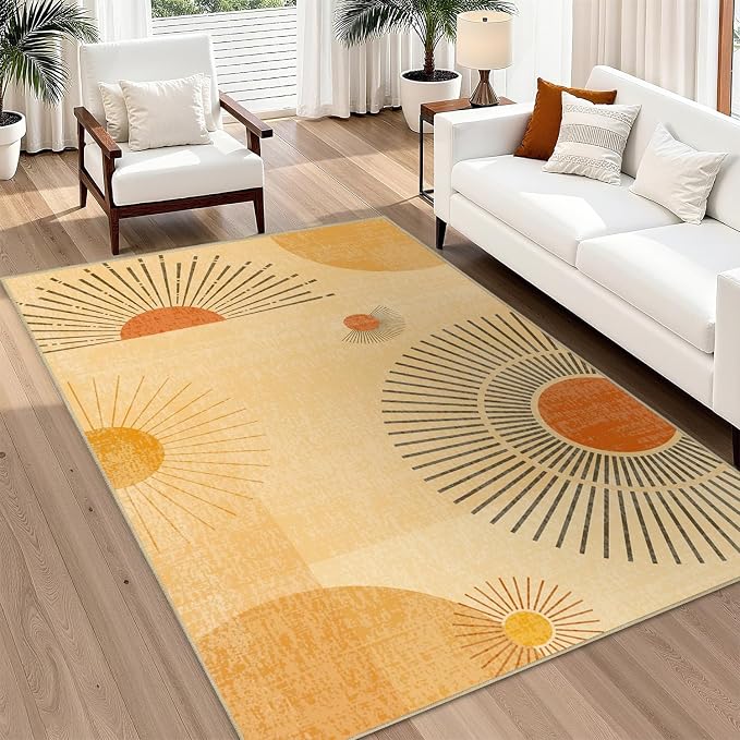 Large Area Rug 5x7 Sun Rug Living Room Mid Century Modern Rugs Machine Washable Boho Geometric Rug Non Slip Printed Low Pile Indoor Floor Carpet for Dining Room Bedroom Office,Yellow