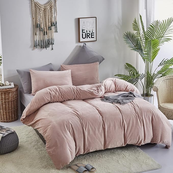Pureant Pink Velvet Comforter Sets Full Women Girls Blush Pink Fluffy Bedding Comforters Adults Teens Cute Winter Quilts Solid Light Red Flannel Quilt Micromink Sherpa Plush Bed