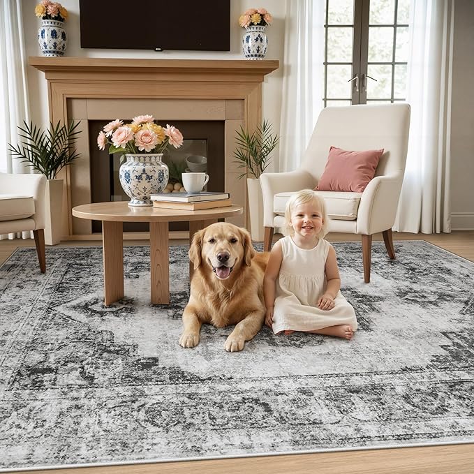 Area Rug 4x6 Vintage Rugs: Washable Indoor Medallion Rug Low Pile Distressed Floor Carpet Retro Accent Rugs for Living Room Bedroom Kitchen Dining Table Home Office(Black, 4'x6')