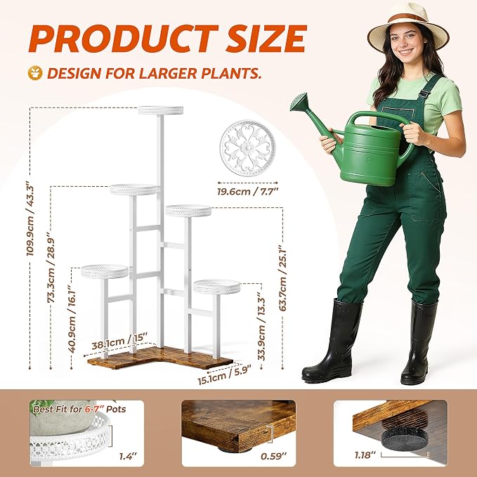Tiered Plant Stand Outdoor,5 Potted Corner Plant Stands Tall Indoor, Metal Planter Display Rack for Multiple Plants, Wood Tall Plant Rack Shelf for House Patio LivingRoom - WhiteWave