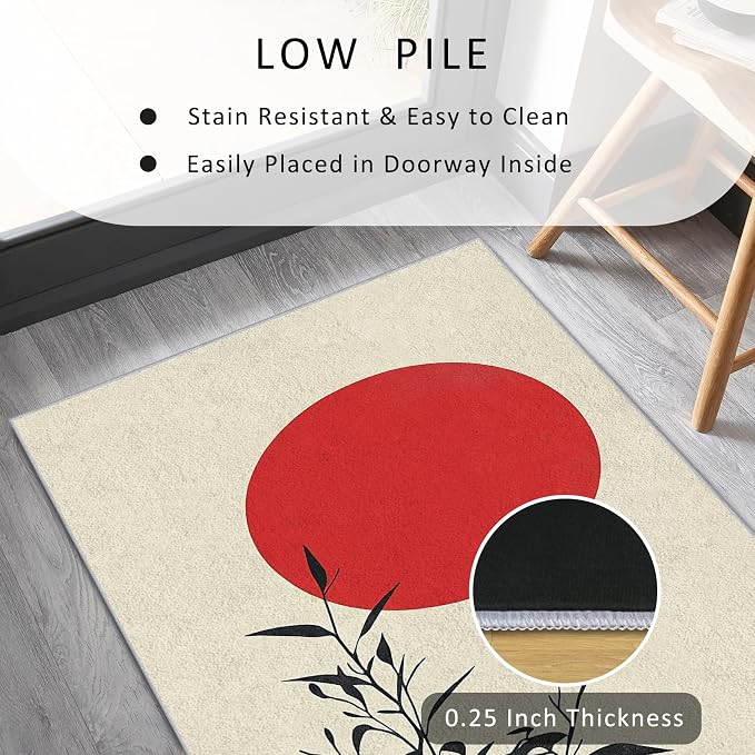 Japanese Runner Rug 2x5, Black and Grey Red Sun Design, Zen Asian Area Rug Washable Hallway Rugs Non-Slip Floor Carpet Runner for Bedroom, Narrow Hallway, Kitchen Aisle