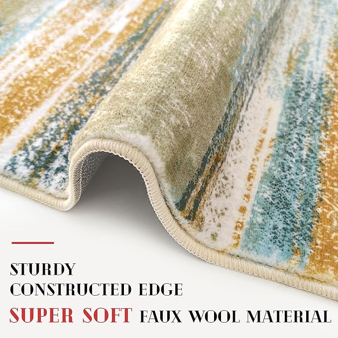 Lansny Modern Abstract Runner Rug 2x12, Green Mustard Multi Washable Long Kitchen Runner Non-Slip Soft Hallway Rug Runner Thin Print Faux Wool Carpet for Entryway Bedroom Laundry Room Indoor