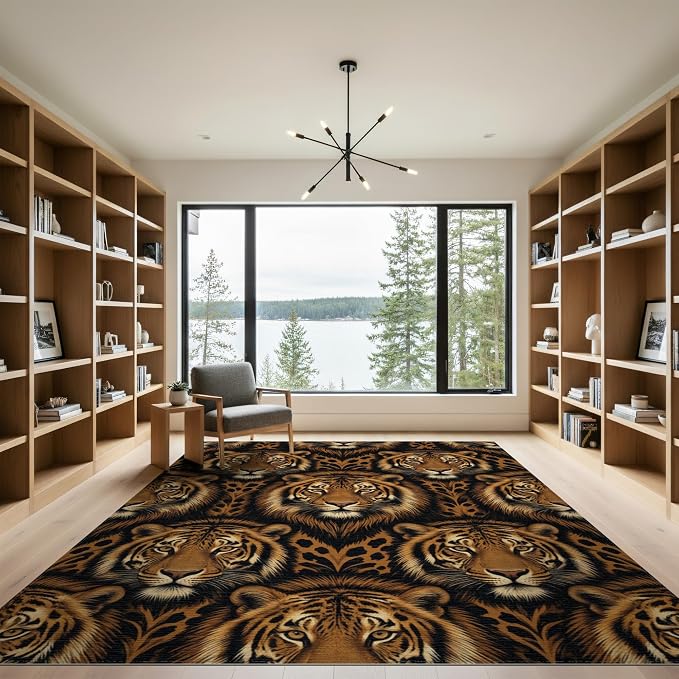 9'x12' Washable Flatwoven Rug, Brown Modern Tiger Print Stain Resistant Massive Carpet Non-Slip Chair-Friendly Mat for Dining Room, Basement, Large Office | Ref:2229845