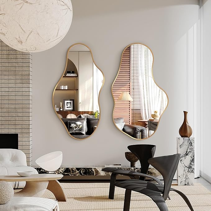 Irregular Wall Mirror, 26"x43" Gold Abstract Asymmetrical Mirrors for Wall, Decorative Cloud Aesthetic Mirror for Bathroom, Bedroom, Cloakroom, Entryway, Shatter-Proof Aluminum Alloy Frame