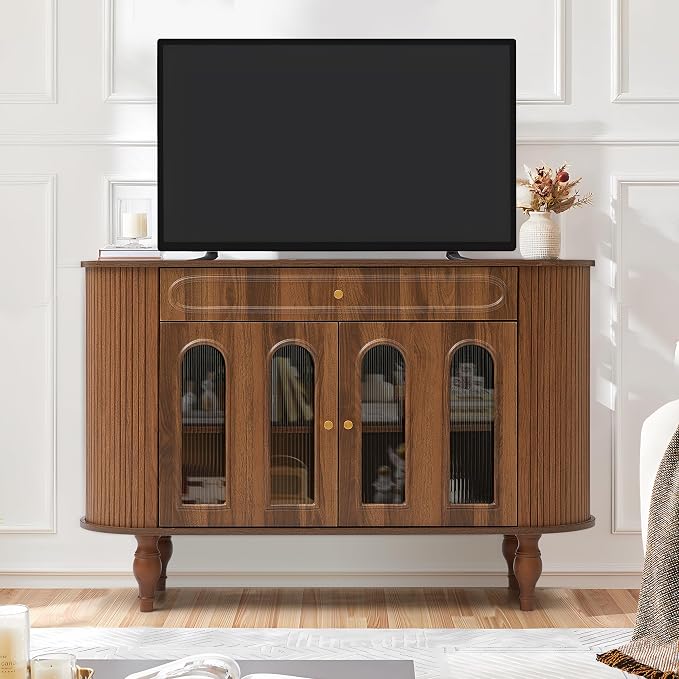 XUZENEST 47'' Fluted Sideboard Buffer Cabinet with Drawer, Modern Credenza Storage Cabinet, Bar Cabinet Console Table with Tambour Sliding Side for Living Dining Room Kitchen Hallway Entryway, Walnut