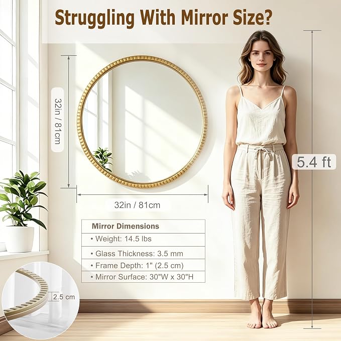 Vintage Gold Round Bathroom Wall Mirror 32" | Large Metal Framed, Decorative Wall Mounted Mirror, For Vanity, Bedroom, Living Room, Entryway, Hallway