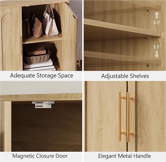 Sideboard Buffet Cabinet with Storage Set of 2, Mid Century Modern Accent Cabinet with Arched Doors, Modular Media Console, Credenza for Living Room Kitchen Dining Room Entryway, Oak