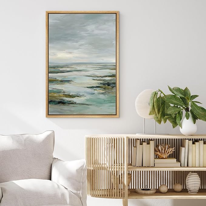 MUDECOR Framed Canvas Print Wall Art Serene Coastal Landscape Abstract Ocean Illustrations Minimalism Decorative Bohemian Colorful Zen for Living Room, Bedroom, Office - 24"x36" NATURAL