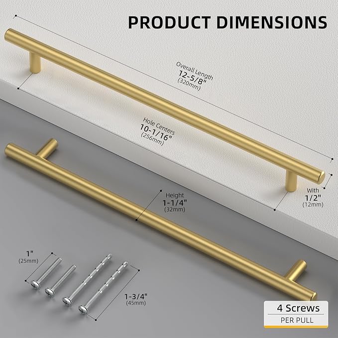 Goldenwarm 5 Pack 10 inch Gold Cabinet Handles Brushed Gold Cabinet Pulls Stainless Steel Drawer Pulls, Durable Kitchen Cabinet Handles - Bathroom Bedroom Dresser Handles Easy DIY Upgrade