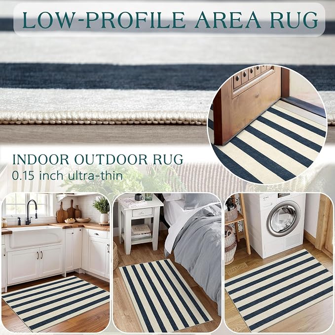 Blue and White Striped Outdoor Rug - 2x3 Non-Slip Front Door Mat Outside Entrance Washable Doormat Indoor Outdoor Entry Rug Small Layered Rugs for Entryway Kitchen Front Porch Decor