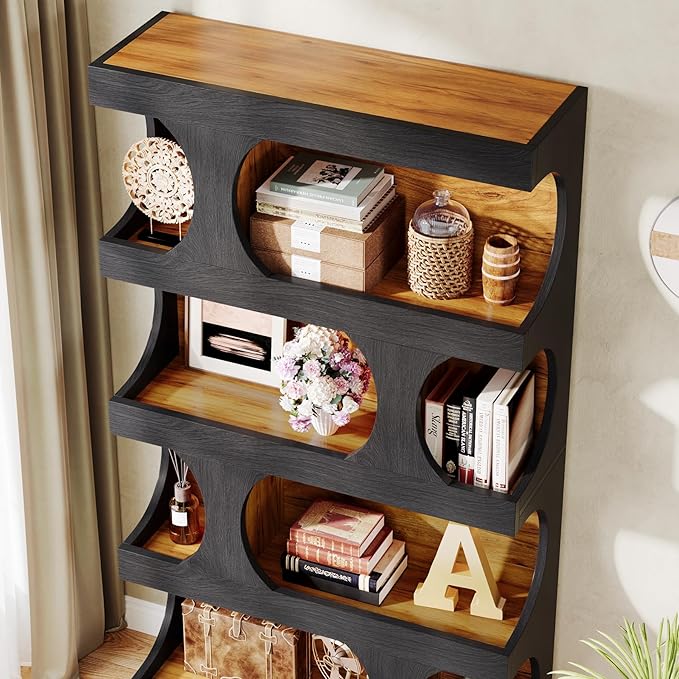 Tribesigns 71" Tall Bookcase Set of 2, 4-Tier S-Shaped Bookshelf, Wood Decorative Storage Shelving, Modern Freestanding Display Shelves, Large Library Bookshelf Unit for Home Office, Black & Brown