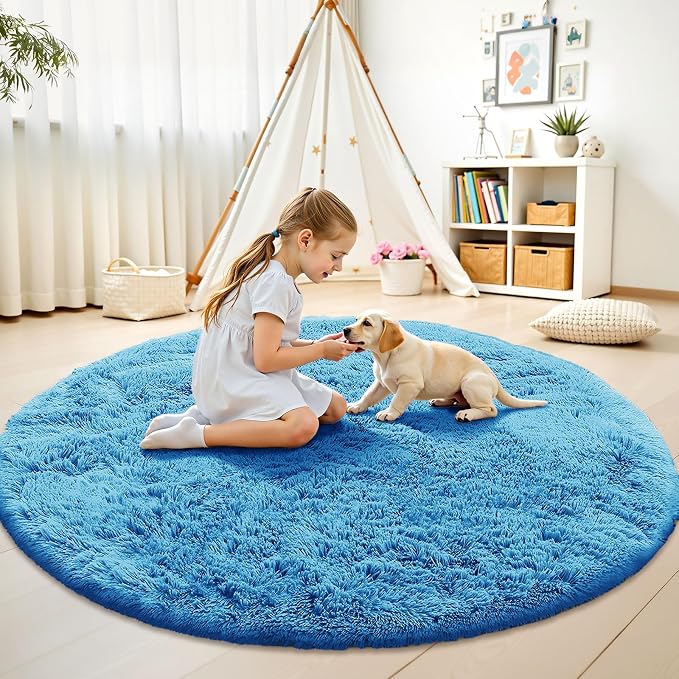 OLANLY Bright Blue Round Rugs for Bedroom - Machine Washable, 5 ft Circle Area Rugs for Living Room, Soft and Fluffy Shaggy Carpet for Teen Girl and Boys, Nursery Rooms, Dorms, Home Decor Aesthetic