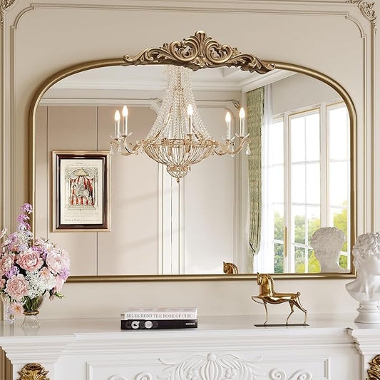 Arched Antique Gold Wall Mirror, 30" Lx40 W Vintage Mantel Bathroom Mirror Over Sink, Ornate Champagne Bronze Wide Large Arched Mirrors for Bedroom, Livingroom, Entryway, Fireplace