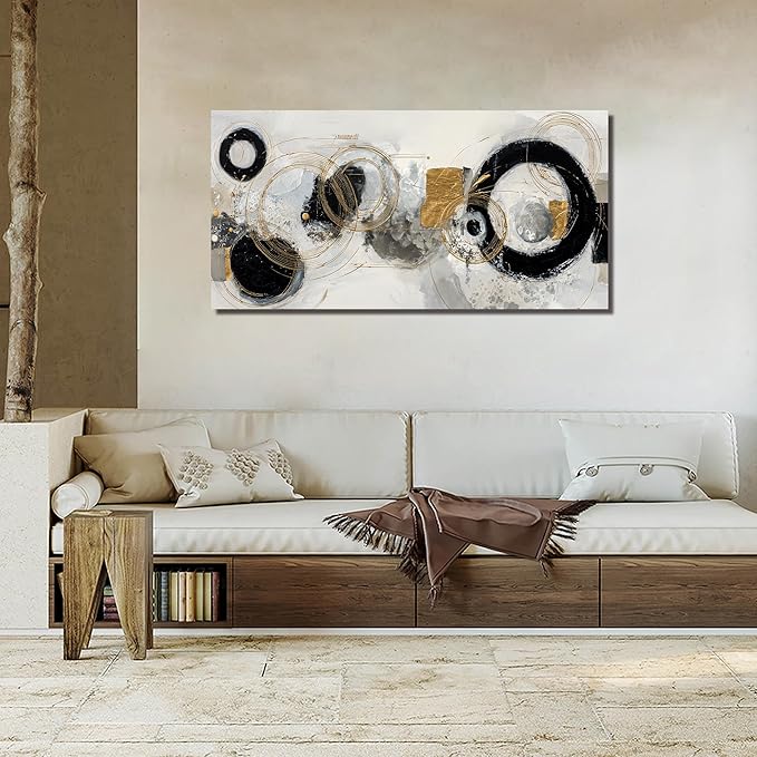 Abstract Circle Canvas Wall Art for Office Modern Wall Decor for Dining Room Black White Gold Pictures Wall Art for Bedroom Size 24 x 48 Inch
