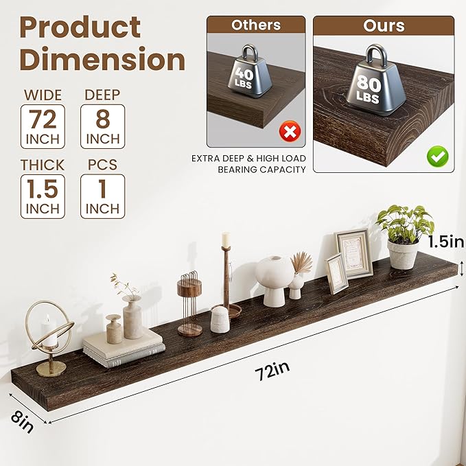 Extra Deep 72" Long Rustic Solid Wood Floating Shelves for Wall, Wall Shelves with Invisible Bracket for Living Room Bathroom Bedroom Kitchen, Set of 1, Walnut