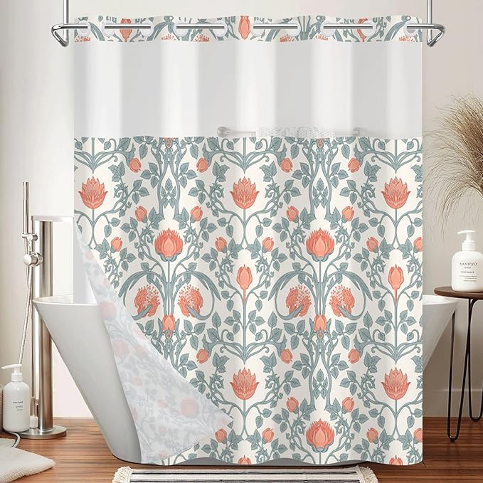 No Hook Shower Curtain with Snap in Liner Set - Vintage Coral Floral & Botanical Pattern Shower Curtains for Cottagecore Farmhouse Bathroom, Mesh Top Waterproof Bath Tub Curtain, 71Wx74H