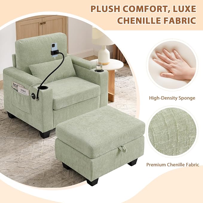 Oversized Chaise Lounge Chair Indoor, Single Convertible Recliner Reading Arm Sofa Chair W/Adjustable Backrest & Charging Port Couch Bed for Living Room, Home Theater & Bedroom, Cyan