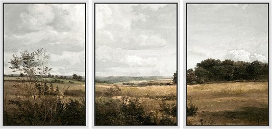 MUDECOR Framed Canvas Print Wall Art Rustic Fields Tranquil Countryside Landscape Nature Wilderness Illustrations Realism Decorative Panoramic Earth for Living Room, Bedroom, Office - 16"x24"x3 White
