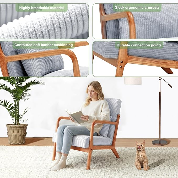 Mid Century Modern Accent Chair with Solid Rubberwood Frame, Comfy Corduroy Reading Armchair with Lumbar Pillow, Compact Lounge Chair for Bedroom, Nursery & Small Spaces, Light Grey