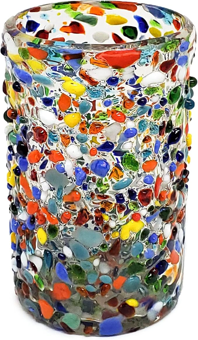 Confetti Rocks 14 oz Drinking Glasses (set of 6) Mexican Handmade Multicolor Glassware, Recycled Glass, Lead-free, Toxin-Free (Drinking)