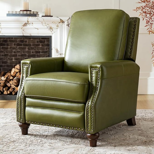 HULALA HOME Genuine Leather Recliner Chair, Classic Push Back Recliner Armchair with Thick Seat and Backrest (Olive)