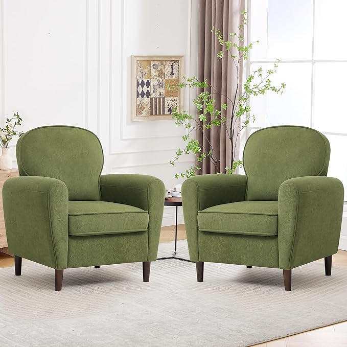 Accent Chair Set of 2, Mid Century Modern Arm Chair with Thick Cushion and Back, Comfy Upholstered Reading Chair Single Sofa Chair for Living Room, Bedroom, Club, Green