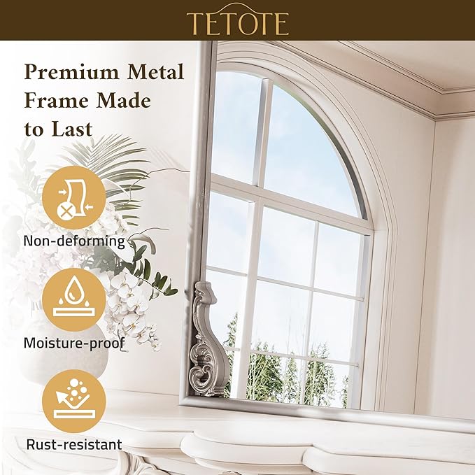 TETOTE Silver Arched Mirror for Mantle Fireplace 24 x 36 Baroque Antique Silver Vintage Arch Ornate Mirror for Traditional Victorian French Decor, French Cleat Mount