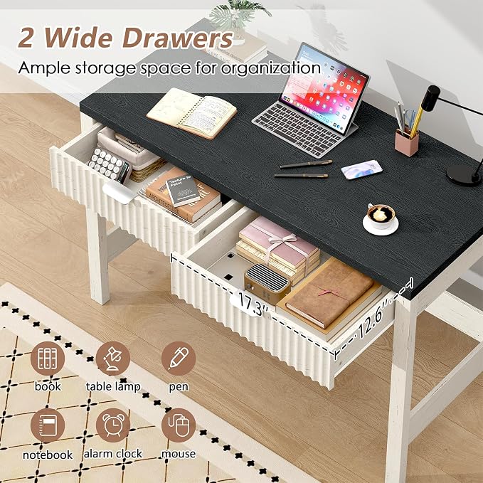YOMILUVE Fluted Computer Desk with 2 Drawers, 39 Inch Small Computer Desk with Storage, Compact Writing Study Desk for Small Spaces, Black and White