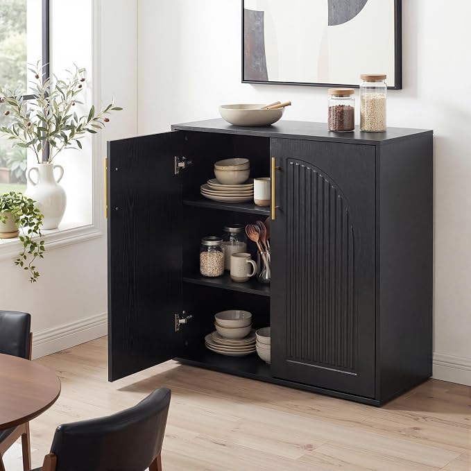 Fluted Sideboard Buffet Cabinet with Storage, Arched Doors & Adjustable Shelves, Modern Accent Credenza, Anti-Tip Console Cabinet for Living Room, Entryway, Hallway & Kitchen, Black