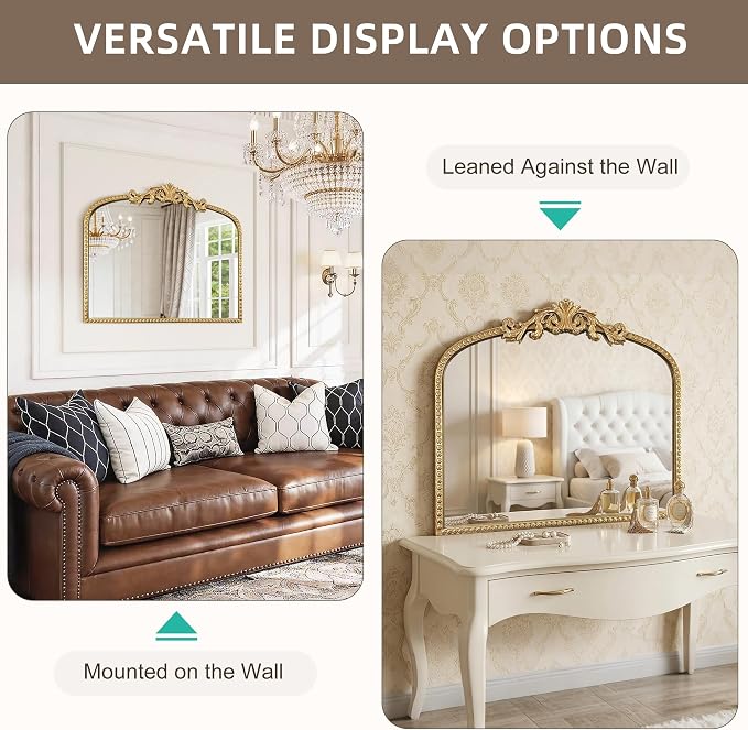 Gold Arched Mirror - Vintage Wall Mounted Large Mirror: 35"x28" Matt Gold Antique Wall Decor - Baroque Traditional Ornate for Entryway/Fireplace/Bathroom/Hallway